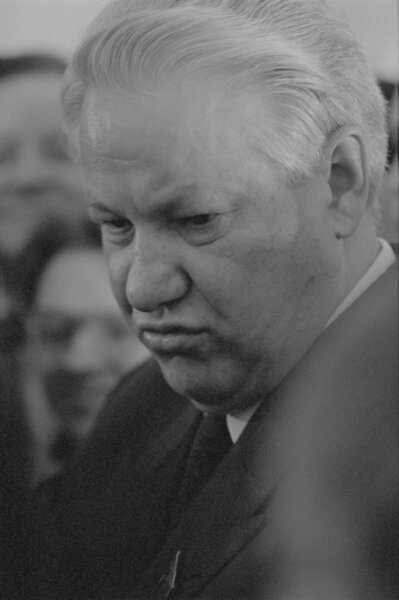 Moscow, Russia - March 28, 1991: Portrait of Chairman of the Presidium of the Supreme Soviet of the Russian SFSR Boris Nikolayevich Yeltsin at 3d extraordinary Congress of people's deputies of russian RSFSR.