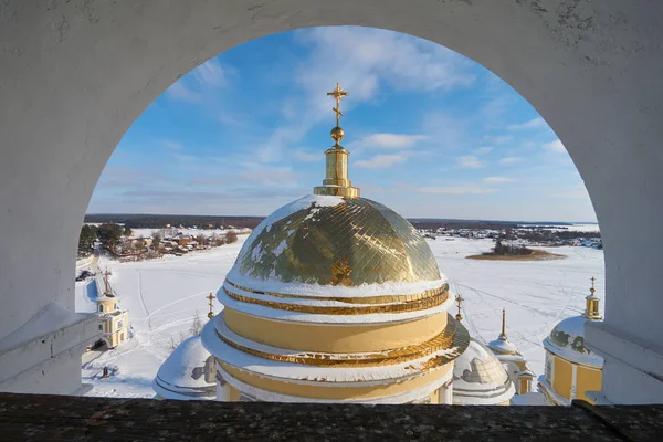 Letecký Pohled Zvonice Katedrály Epiphany Ruské Ortodoxní Klášter Nilo Stolobenskaya — Stock fotografie