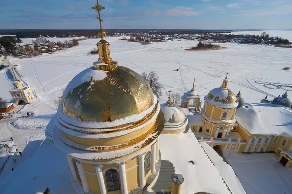 Letecký Pohled Zvonice Katedrály Epiphany Ruské Ortodoxní Klášter Nilo Stolobenskaya — Stock fotografie