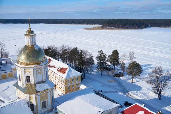 Letecký Pohled Zvonice Katedrály Epiphany Ruské Ortodoxní Klášter Nilo Stolobenskaya — Stock fotografie