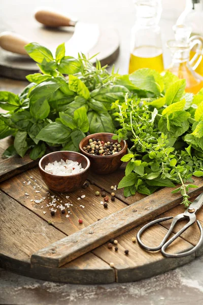 Kemangi Segar Mint Oregano Thyme Dan Bijak Dimasak Dengan Herbal — Stok Foto