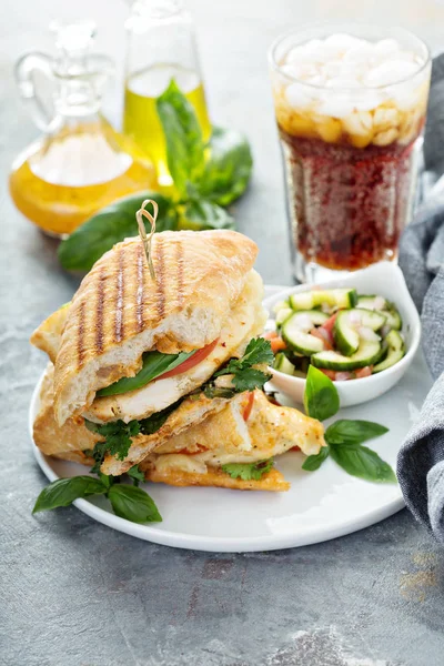 Grilled panini sandwich with chicken and cheese — Stock Photo, Image