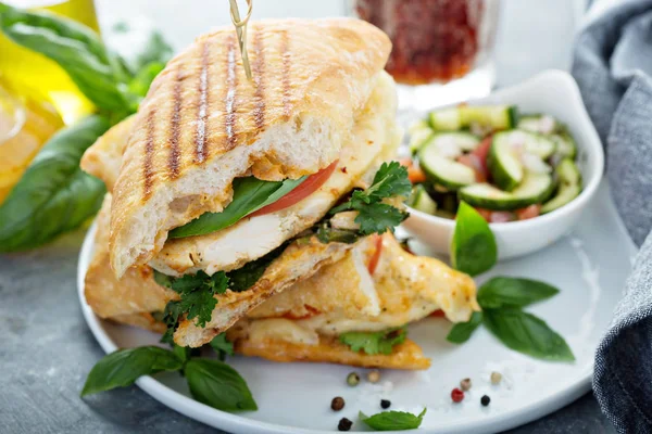 Grilled panini sandwich with chicken and cheese — Stock Photo, Image