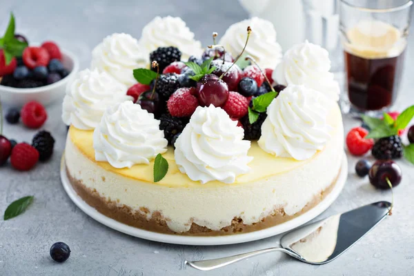 Torta di formaggio classica di New York decorata con panna montata — Foto Stock