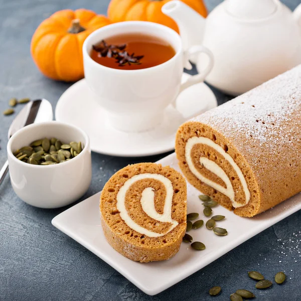 Fall dessert pumpkin roll with cream cheese — Stock Photo, Image