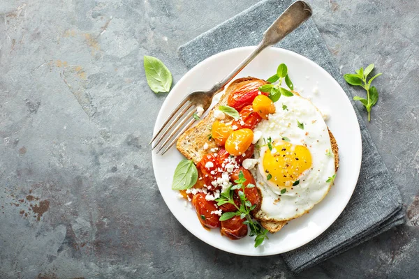 Multigrain toast with fried egg and roasted tomatoes — Stock Photo, Image