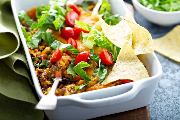 Traditional mexican meat casserole with chips — Stock Photo, Image