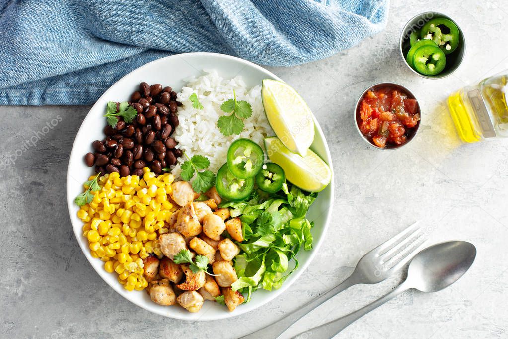 Chipotle spicy chicken with rice corn, beans