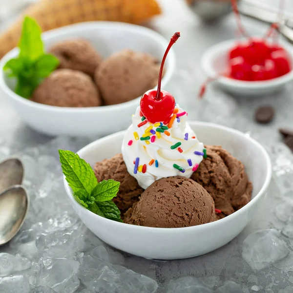 Csoki fagylalt fagylaltkehely egy tálban — Stock Fotó