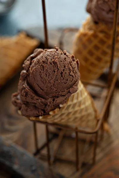 Chocolate ice cream in waffle cones