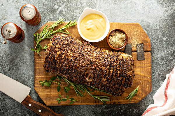 Roasted pork loin with a spice rub and mustard