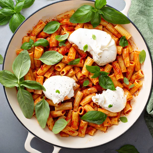 Penne pasta marinara with buratta — Stock Photo, Image