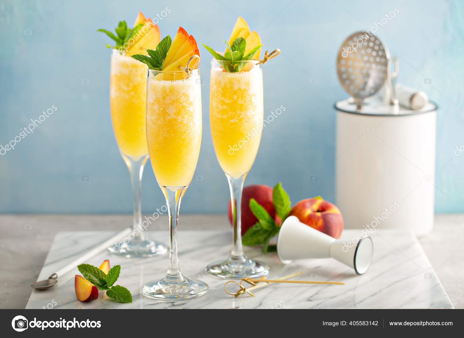 Peach mimosas cocktail for brunch Stock Photo by ©fahrwasser 405583142