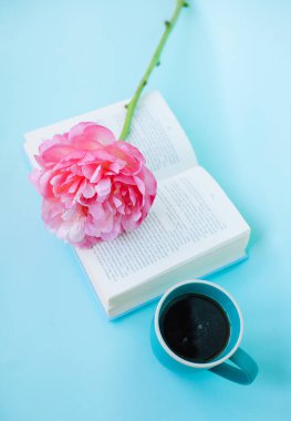 Şakayık Çiçeği ve mavi arka plan üzerine açık mavi kitap