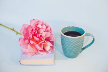 Şakayık Çiçeği ve mavi arka plan üzerine açık mavi kitap