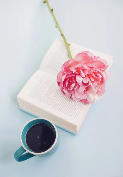 Peonía Flor Libro Azul Claro Sobre Fondo Azul — Foto de Stock