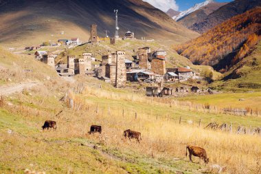 Ushguli Köyü ile tipik eski kuleler, Unesco miras, Svaneti bölgesi, Georgia