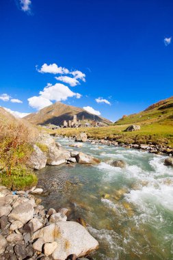 Ushguli Köyü ile tipik eski kuleler, Unesco miras, Svaneti bölgesi, Georgia