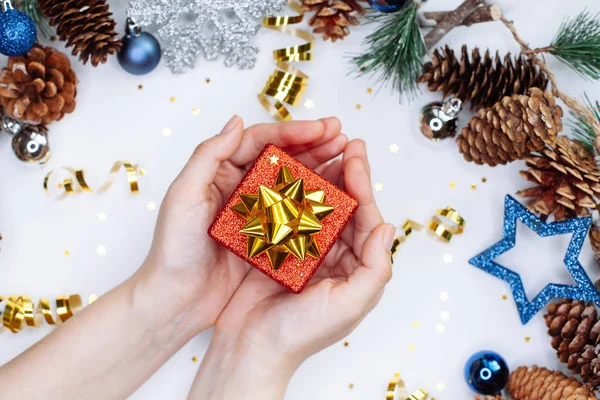 Bir Noel Hediyesi Çam Dalları Ile Koni Noel Topları Gümüş — Stok fotoğraf