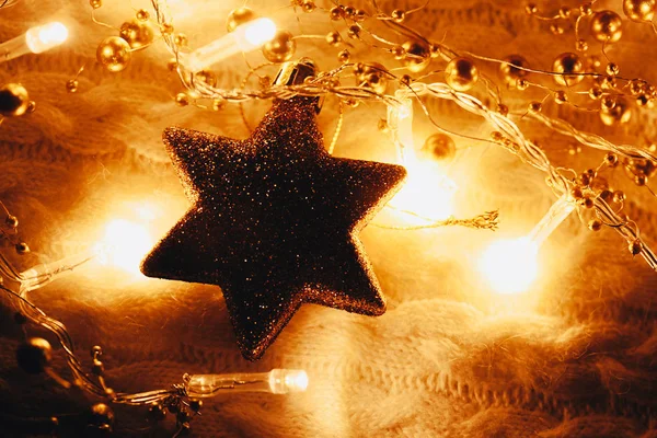 Christmas New Year Decorations Star Yellow Lights Background Stock Photo
