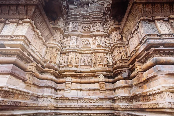 Antika Basrelief Vid Berömda Erotiska Tempel Khajuraho Indien Unescos Världsarvslista — Stockfoto