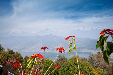 Ünlü turistik görünümü Annapurna dağ aralığından dünya barış Pagoda Pokhara, Nepal ve Phewa Gölü