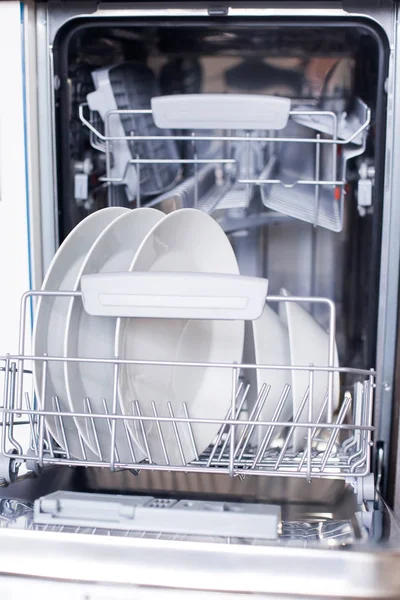 Open Dishwasher Clean Dishes White Kitchen — Stock Photo, Image