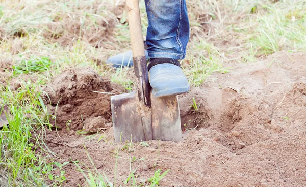 Zbliżenie zdjęcie człowieka kopanie gleby w ogrodzie — Zdjęcie stockowe