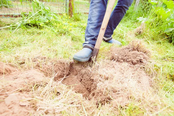 Closeup photo of man digging soil at garden — Stock Photo, Image