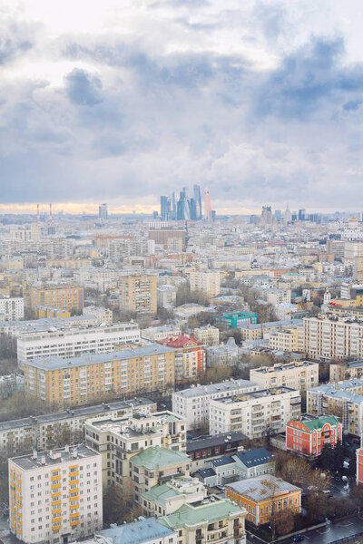 Aerial Moscow city panorama. Russian capital downtown. Moscow, Russia
