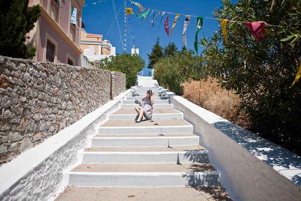 Elegant Woman Enjoys View Island Symi Greece — Stock Photo, Image