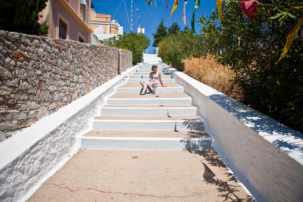 Elegant Woman Enjoys View Island Symi Greece — Stock Photo, Image