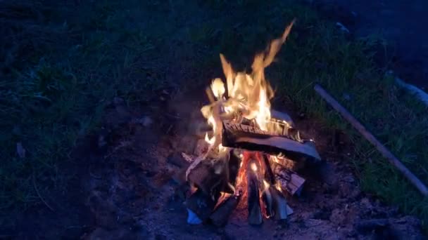 居心地の良いレンガ造りの暖炉の雰囲気の中でオレンジ色の火炎で燃える木材とキャンプファイヤー 田舎暮らし — ストック動画
