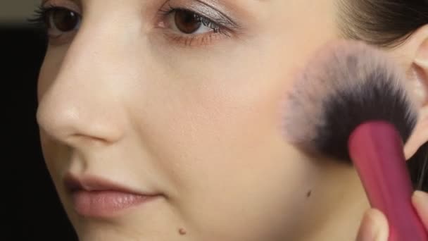 メイクブラシを使って赤面を塗る女性のクローズアップポートレート — ストック動画