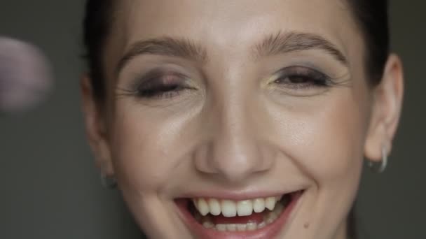 Closeup Portrait Woman Applying Blush Using Makeup Brush — Stock Video
