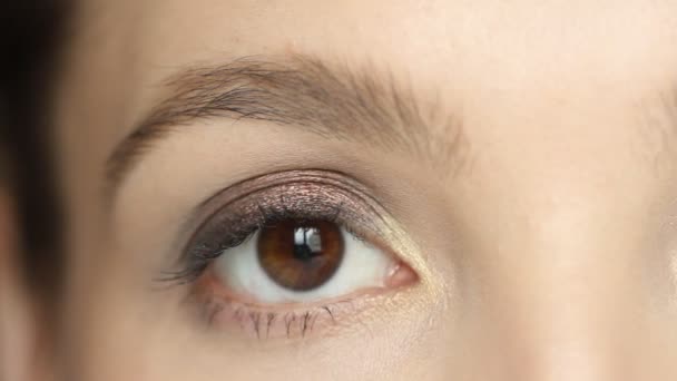 Beautiful Young Woman Brown Eye Looking Camera Blinking — Stock Video