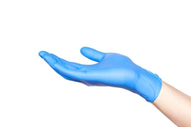Beyaz üzerinde izole pozisyonda tutan mavi eldiven Doktor el