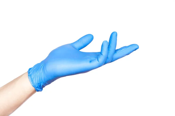 Beyaz üzerinde izole pozisyonda tutan mavi eldiven Doktor el