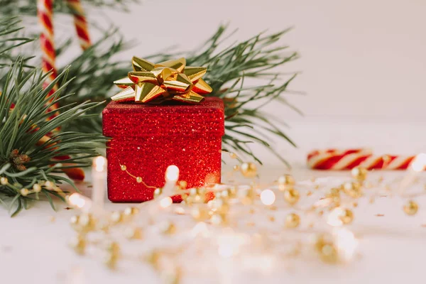 Noel kompozisyonu. Firavun ağacı dalı, kırmızı hediye kutusu, şeker kamışı — Stok fotoğraf