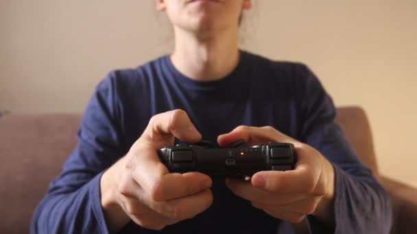 Closeup Man Hands Playing Video Games Gaming Console Sitting Couch — Stockvideo