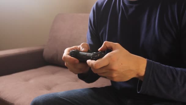 Closeup Man Hands Playing Video Games Gaming Console Sitting Couch — Stock Video