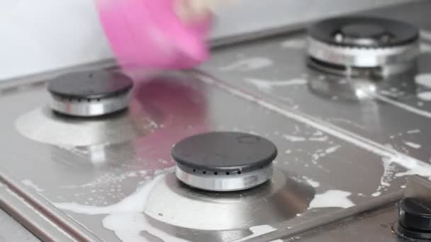 Een Vrouw Die Het Fornuis Schoonmaakt Keuken Huishoudelijk Concept — Stockvideo