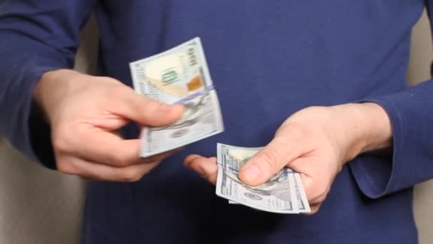 Caucasian Hands Counting Dollar Banknotes Darl Blue Background Savings Finances — Stockvideo