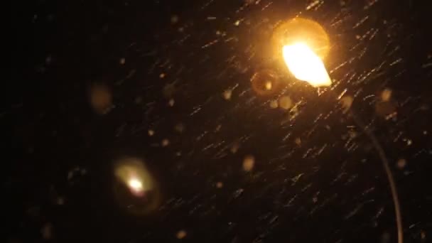 Noche Lámpara Calle Invierno Con Nieve Cayendo Concepto Invierno Navidad — Vídeo de stock