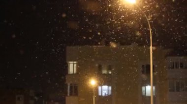Gece Kış Sokağı Lambası ve Yağan Kar. Kış ve Noel konsepti. 