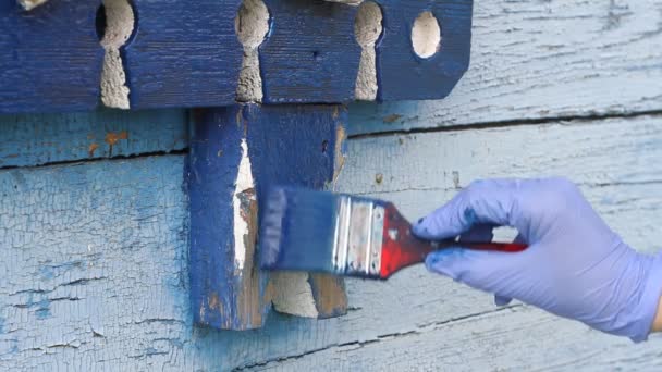 Wood Painting Hand Blue Rubber Glove Paints Wooden Window Frame — Stock Video