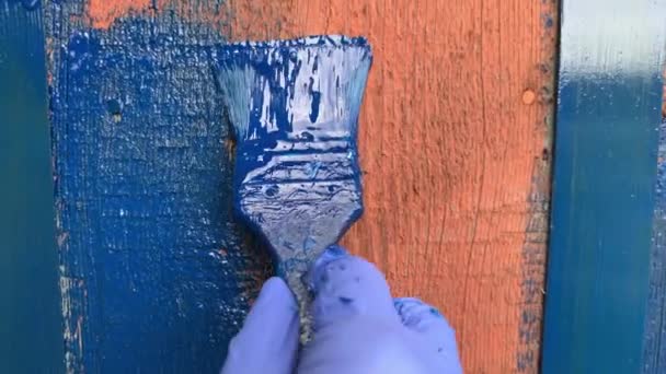 交上蓝色橡胶手套 用刷子刷木板 家庭作坊 手工艺品 手工概念 从相机的角度拍摄 Pov — 图库视频影像
