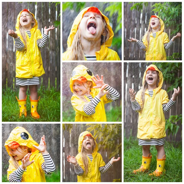 Excited little girl standing in rain and screaming with fun