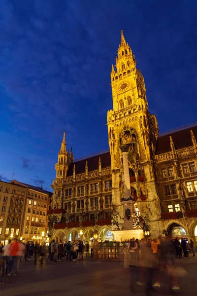 Night view of New Town Hall (Neues Rathaus) on Marienplatz and golden Marian column  in Munich city, Bavaria, Germany