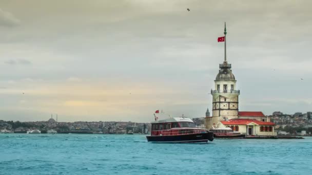 Hermoso Video Timelapse Con Histórica Torre Doncella Símbolo Estambul — Vídeos de Stock